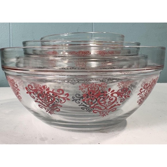 Vintage Durable Heat Resistant  Nesting Bowls Set Of 7 Red Black Floral - Picture 6 of 8